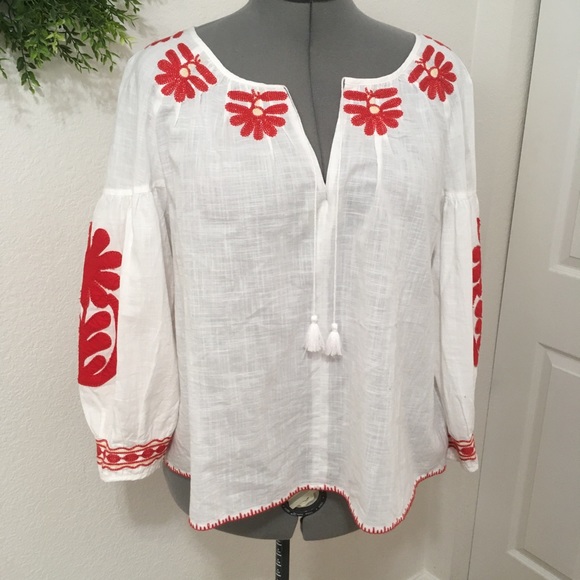 Madewell Tops - Madewell White With Red Embroidery 3/4 sleeve Top